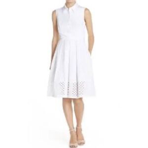 Eliza J white Women Collared Pleated Eyelet Hem Sleeveless Dress With Pockets Si